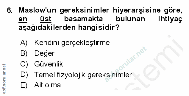 6. soru: Maslow'un gereksinimler hiyerarşisine göre, en üst basamakta bulunan ihtiyaç aşağıdakilerden hangisidir? A) Kendini g…