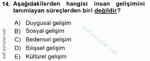 14. soru: Aşağıdakilerden hangisi insan gelişimini tanımlayan süreçlerden biri değildir? A) Duygusal gelişim B) Sosyal gelişim…