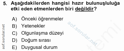 5. soru: Aşağıdakilerden hangisi hazır bulunuşluluğa etki eden etmenlerden biri değildir? A) Onceki öğrenmeler B) Yetenekler .…
