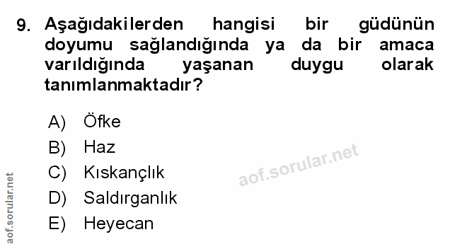 9. soru: Aşağıdakilerden hangisi bir güdünün doyumu sağlandığında ya da bir amaca varıldığında yaşanan duygu olarak tanımlanma…