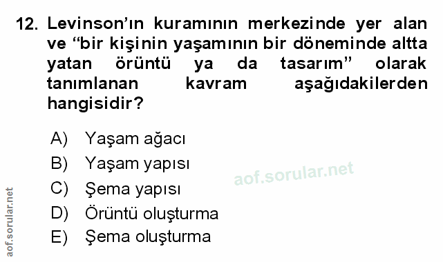 12. soru: Levinson'ın kuramının merkezinde yer alan ve "bir kişinin yaşamının bir döneminde altta yatan örüntü ya da tasarım" o…