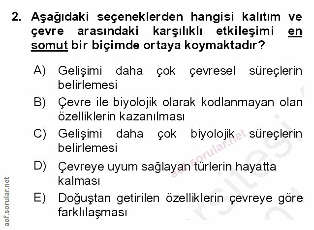 2. soru: Aşağıdaki seçeneklerden hangisi kalıtım ve çevre arasındaki karşılıklı etkileşimi en somut bir biçimde ortaya koymakt…