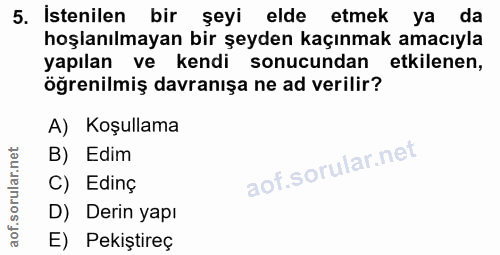 5. soru: İstenilen bir şeyi elde etmek ya da hoşlanılmayan bir şeyden kaçınmak amacıyla yapılan ve kendi sonucundan etkilenen,…