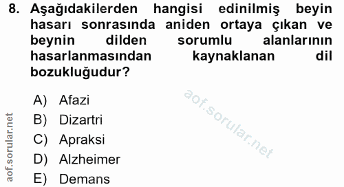 8. soru: Aşağıdakilerden hangisi edinilmiş beyin hasarı sonrasında aniden ortaya çıkan ve beynin dilden sorumlu alanlarının ha…