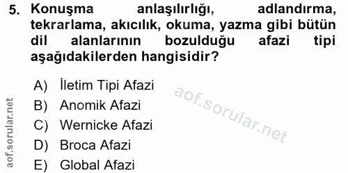 5. soru: Konuşma anlaşılırlığı, adlandırma, tekrarlama, akıcılık, okuma, yazma gibi bütün dil alanlarının bozulduğu afazi tipi…