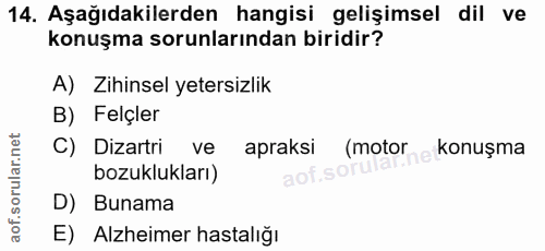 14. soru: Aşağıdakilerden hangisi gelişimsel dil ve konuşma sorunlarından biridir? A) Zihinsel yetersizlik B) Felçler C) Dizart…