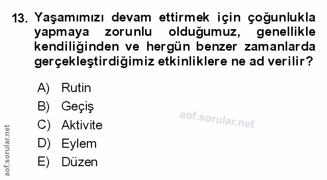 13. soru: Yaşamımızı devam ettirmek için çoğunlukla yapmaya zorunlu oldugumuz, genellikle kendiliğinden ve hergün benzer zamanl…