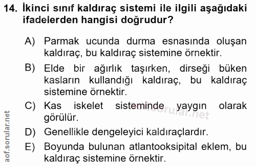 14. soru: İkinci sınıf kaldıraç sistemi ile ilgili aşağıdaki ifadelerden hangisi doğrudur? A) Parmak ucunda durma esnasında olu…