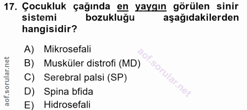 17. soru: Çocukluk çağında en yaygın görülen sinir sistemi bozukluğu aşağıdakilerden hangisidir? A) Mikrosefali B) Musküler dis…