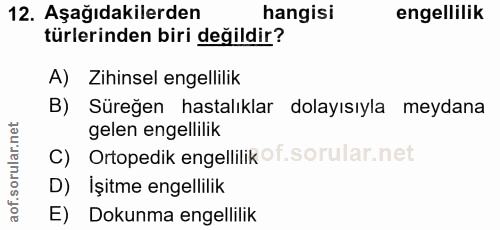 12. soru: Aşağıdakilerden hangisi engellilik türlerinden biri değildir? A) Zihinsel engellilik B) Süreğen hastalıklar dolayısıy…