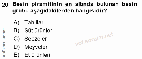 20. soru: Besin piramitinin en altında bulunan besin grubu aşağıdakilerden hangisidir? A) Tahıllar B) Süt ürünleri C) Sebzeler…