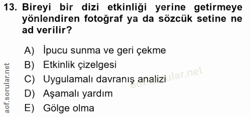 13. soru: Bireyi bir dizi etkinliği yerine getirmeye yönlendiren fotoğraf ya da sözcük setine ne ad verilir? A) Ipucu sunma ve…