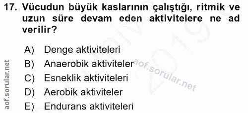 17. soru: Vücudun büyük kaslarının çalıştığı, ritmik ve uzun süre devam eden aktivitelere ne ad verilir? A) Denge aktiviteleri…