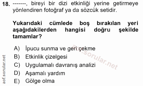 18. soru: -, bireyi bir dizi etkinliği yerine getirmeye yönlendiren fotoğraf ya da sözcük setidir. Yukarıdaki cümlede boş bırak…