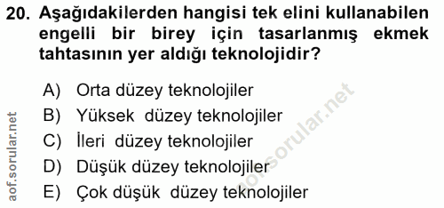 20. soru: Aşağıdakilerden hangisi tek elini kullanabilen engelli bir birey için tasarlanmış ekmek tahtasının yer aldığı teknolo…