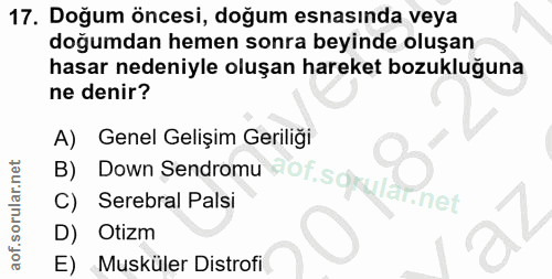 17. soru: Doğum öncesi, doğum esnasında veya doğumdan hemen sonra beyinde oluşan hasar nedeniyle oluşan hareket bozukluğuna ne…