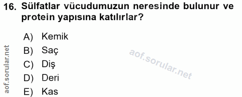 16. soru: Sülfatlar vücudumuzun neresinde bulunur ve protein yapısına katılırlar? A) Kemik B) Saç C) Diş D) Deri E) Kas