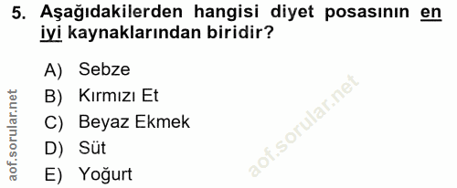 5. soru: Aşağıdakilerden hangisi diyet posasının en iyi kaynaklarından biridir? A) Sebze B) Kırmızı Et C) Beyaz Ekmek D) Süt E…