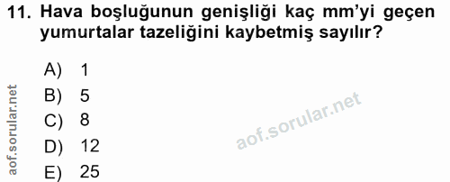 11. soru: Hava boşluğunun genişliği kaç mm'yi geçen yumurtalar tazeliğini kaybetmiş sayılır? A) 1 B) 5 C) 8 D) 12 E) 25