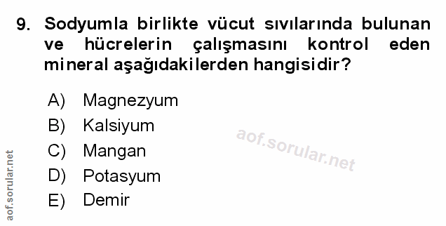9. soru: Sodyumla birlikte vücut sıvılarında bulunan ve hücrelerin çalışmasını kontrol eden mineral aşagıdakilerden hangisidir…