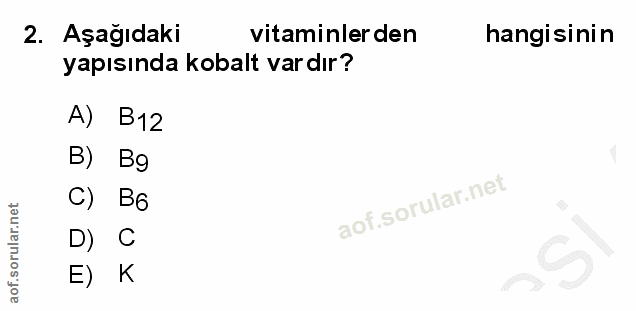 2. soru: Aşağıdaki vitaminler den hangisinin yapısında kobalt vardır? A) B12 Bg C) B6 D) C E) K