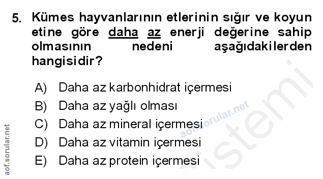 5. soru: Kümes hayvanlarının etlerinin sığır ve koyun etine göre daha az enerji değerine sahip olmasının nedeni aşağıdakilerde…