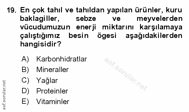 19. soru: En çok tahıl ve tahıldan yapılan ürünler, kuru baklagiller, sebze ve meyvelerden vücudumuzun enerji miktarını karşıla…