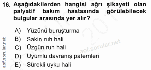 16. soru: Aşağıdakilerden hangisi ağrı şikayeti olan palyatif bakım hastasında görülebilecek bulgular arasında yer alır? A) Yüz…