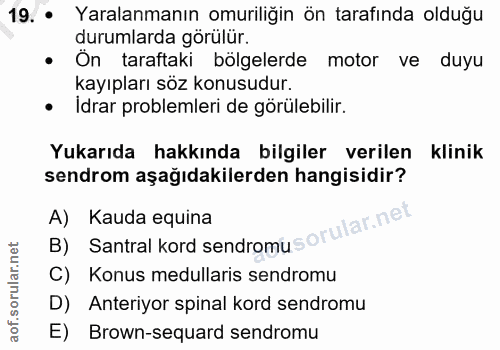 19. soru: • Yaralanmanın omuriliğin ön tarafında olduğu durumlarda gorulür. • On taraftaki bölgelerde motor ve duyu kayıpları s…
