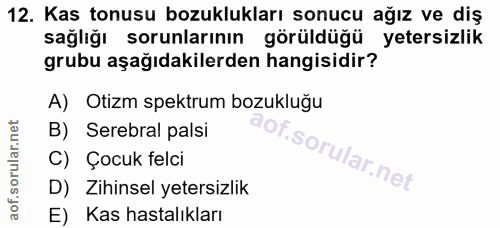12. soru: Kas tonusu bozuklukları sonucu ağız ve diş sağlığı sorunlarının görüldüğü yetersizlik grubu aşağıdakilerden hangisidi…