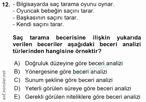 12. soru: - Bilgisayarda saç tarama oyunu oynar. - Oyuncak bebeğin saçını tarar. - Başkasının saçını tarar. - Kendi saçını tara…