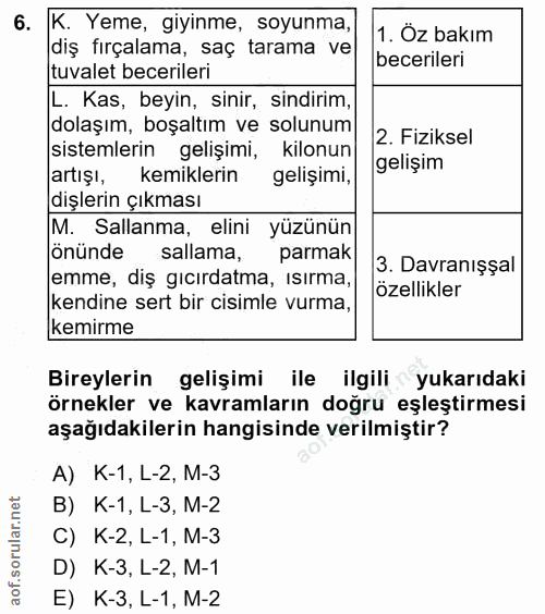 6. soru: K. Yeme, giyinme, soyunma, 1. Oz bakım diş fırçalama, saç tarama ve becerileri tuvalet becerileri L. Kas, beyin, sini…