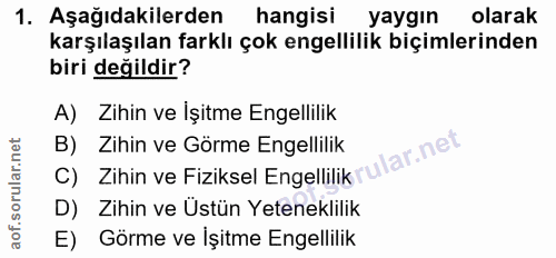 1. soru: Aşağıdakilerden hangisi yaygın olarak karşılaşılan farklı çok engellilik biçimlerinden biri değildir? A) Zihin ve İşi…