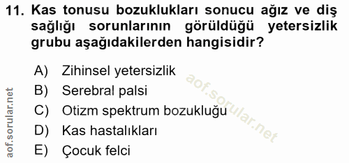 11. soru: Kas tonusu bozuklukları sonucu ağız ve diş sağlığı sorunlarının görüldüğü yetersizlik grubu aşağıdakilerden hangisidi…