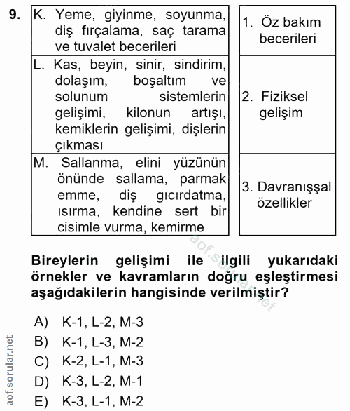 9. soru: K. Yeme, giyinme, soyunma, 1. Oz bakım diş fırçalama, saç tarama becerileri ve tuvalet becerileri L. Kas, beyin, sini…