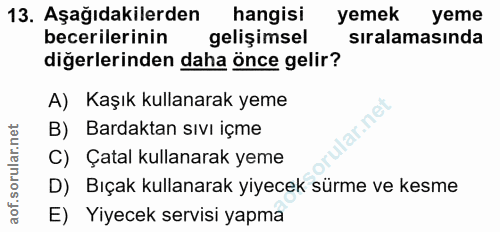 13. soru: Aşağıdakilerden hangisi yemek yeme becerilerinin gelişimsel sıralamasında diğerlerinden daha önce gelir? A) Kaşık kul…
