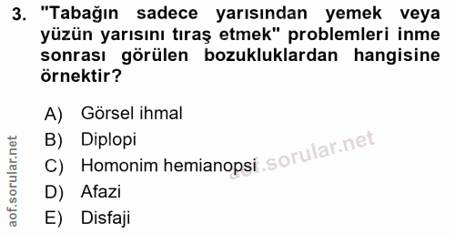 3. soru: "Tabağın sadece yarısından yemek veya yüzün yarısını tıraş etmek" problemleri inme sonrası görülen bozukluklardan han…