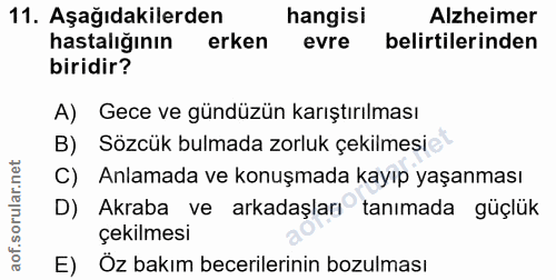 11. soru: Aşağıdakilerden hangisi Alzheimer hastaliğının erken evre belirtilerinden biridir? A) Gece ve gündüzün karıştırılması…