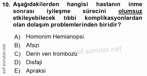 10. soru: Aşağıdakilerden hangisi hastanın inme sonrası iyileşme sürecini olumsuz etkileyebilecek tıbbi komplikasyonlardan olan…