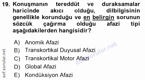 19. soru: Konuşmanın tereddüt ve duraksamalar haricinde akıcı olduğu, dilbilgisinin genellikle korunduğu ve en belirgin sorunun…
