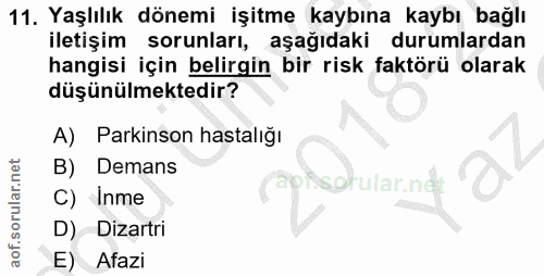 11. soru: Yaşlılık dönemi işitme kaybına kaybı bağlı iletişim sorunları, aşağıdaki durumlardan hangisi için belirgin bir risk f…