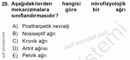 20. soru: Aşağıdakilerden hangisi nörofizyolojik mekanizmalara göre bir ağrı sınıflandırmasıdır? A) Postherpetik nevralji B) No…