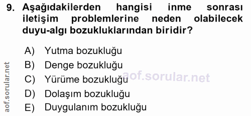 9. soru: Aşağıdakilerden hangisi inme sonrası iletişim problemlerine neden olabilecek duyu-algı bozukluklarından biridir? A) Y…