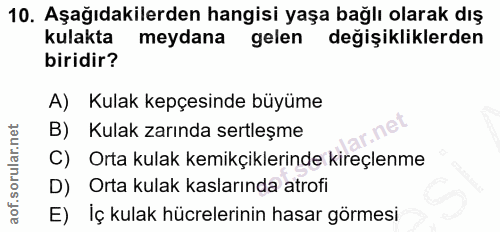 10. soru: Aşağıdakilerden hangisi yaşa bağlı olarak dış kulakta meydana gelen değişikliklerden biridir? A) Kulak kepçesinde büy…