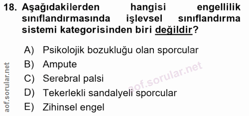 18. soru: Aşağıdakilerden hangisi engellilik sınıflandırmasında işlevsel sınıflandırma sistemi kategorisinden biri değildir? A)…