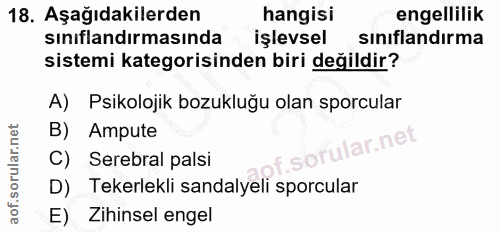 18. soru: Aşağıdakilerden hangisi engellilik sınıflandırmasında işlevsel sınıflandırma sistemi kategorisinden biri değildir? A)…