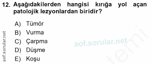 12. soru: Aşağıdakilerden hangisi kırığa yol açan patolojik lezyonlardan biridir? A) Tumör B) Vurma C) Çarpma D) | Düşme E) Koşu