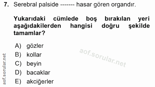7. soru: Serebral palside --- hasar gören organdır. Yukarıdaki cümlede boş bırakılan yeri aşağıdakilerden hangisi doğru şekild…