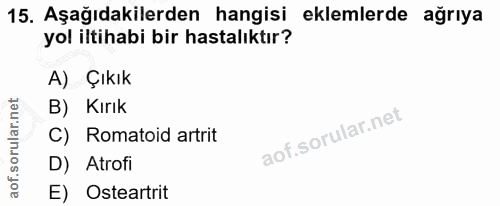 15. soru: Aşağıdakilerden hangisi eklemlerde ağrıya yol iltihabi bir hastalıktır? A) Çıkık B) Kırık C) Romatoid artrit D) Atrof…