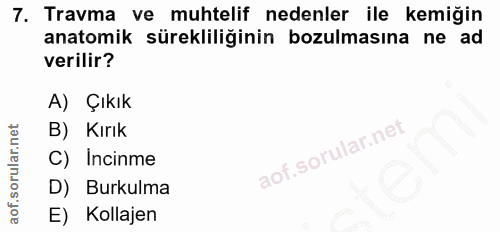 7. soru: Travma ve muhtelif nedenler ile kemiğin anatomik sürekliliğinin bozulmasına ne ad verilir? A) Çıkık B) Kırık C) Incin…